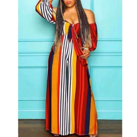 Plus Off Shoulder Striped One Piece Jumpsuit - Picture 2 of 6